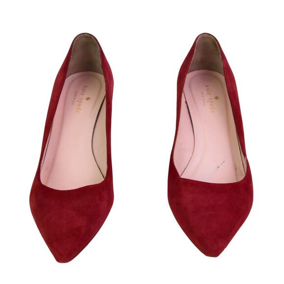 kate spade BURGUNDY REAL LEATHER SUEDE MID HEEL POINTED CLASSIC PUMP SHOES Sz 8M - Picture 2 of 11